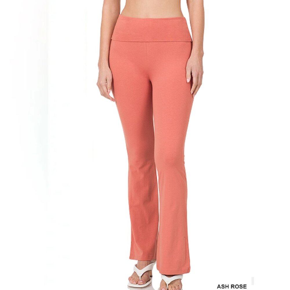 ZENANA PLUS PREMIUM COTTON FOLD OVER YOGA FLARE PANTS ASH ROSE S-M-L-…